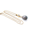 18ct Yellow Gold Baroque Black Cultured Pearl and Diamond Drop Pendant Necklace 1.02ct