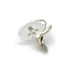 Load image into Gallery viewer, 14ct White Gold Austrian Rock Crystal Cultured Pearl and Diamond Floral Brooch 11.93g