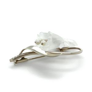 14ct White Gold Austrian Rock Crystal Cultured Pearl and Diamond Floral Brooch 11.93g