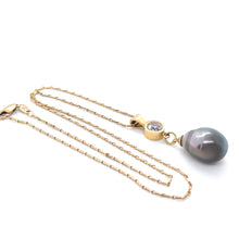 Load image into Gallery viewer, 18ct Yellow Gold Baroque Black Cultured Pearl and Diamond Drop Pendant Necklace 1.02ct