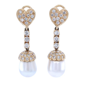 18ct Yellow Gold South Sea Pearl and Diamond Drop Earrings 1.80ct