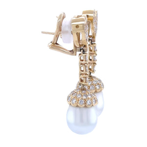 18ct Yellow Gold South Sea Pearl and Diamond Drop Earrings 1.80ct