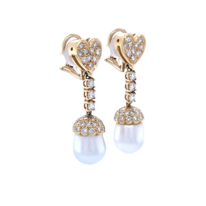 18ct Yellow Gold South Sea Pearl and Diamond Drop Earrings 1.80ct