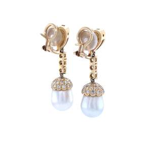 18ct Yellow Gold South Sea Pearl and Diamond Drop Earrings 1.80ct