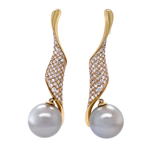 18ct Yellow Gold Autore Golden South Sea Pearl and Diamond Twist Drop Earrings 1.00ct