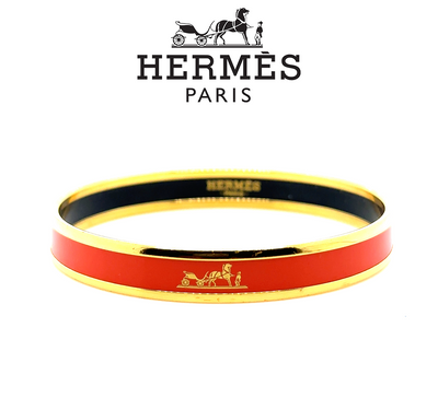 Hermes Red Enamel Gold Plated Caleche Narrow Bangle Bracelet