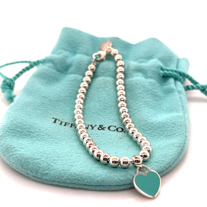 Tiffany and Co Sterling Silver Blue Heart Tag Bead Bracelet