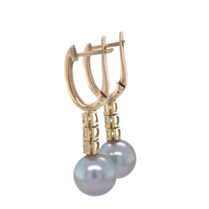 9ct Yellow Gold Tahitian Pearl and Diamond Drop Earrings 0.60ct