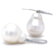 Load image into Gallery viewer, 18ct White Gold Baroque South Sea Pearl and Diamond Drop Earrings 0.12ct