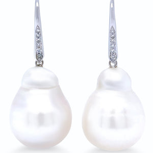 18ct White Gold Baroque South Sea Pearl and Diamond Drop Earrings 0.12ct