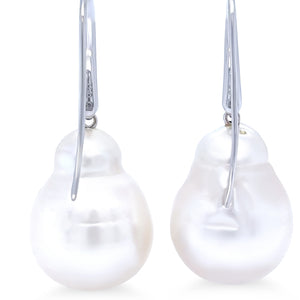 18ct White Gold Baroque South Sea Pearl and Diamond Drop Earrings 0.12ct