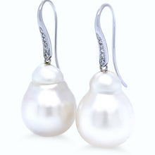 Load image into Gallery viewer, 18ct White Gold Baroque South Sea Pearl and Diamond Drop Earrings 0.12ct