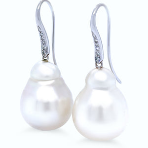 18ct White Gold Baroque South Sea Pearl and Diamond Drop Earrings 0.12ct