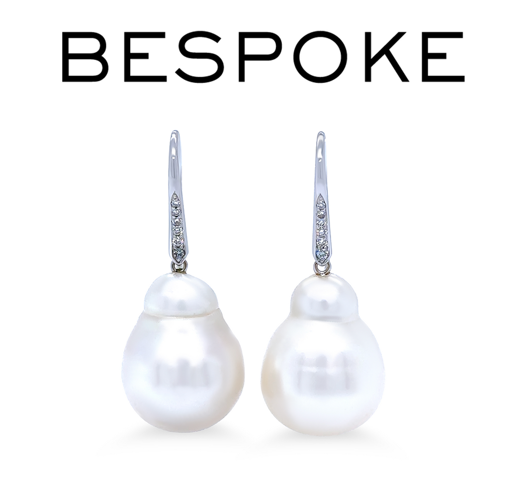 18ct White Gold Baroque South Sea Pearl and Diamond Drop Earrings 0.12ct
