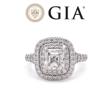 Load image into Gallery viewer, GIA 18ct White Gold Emerald Cut Diamond Halo Ring 2.15ct 5.20g